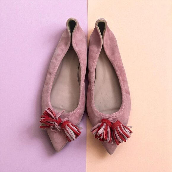 J CREW Pink Suede Tassle Pointed Flats Size 6.5 - Picture 1 of 8